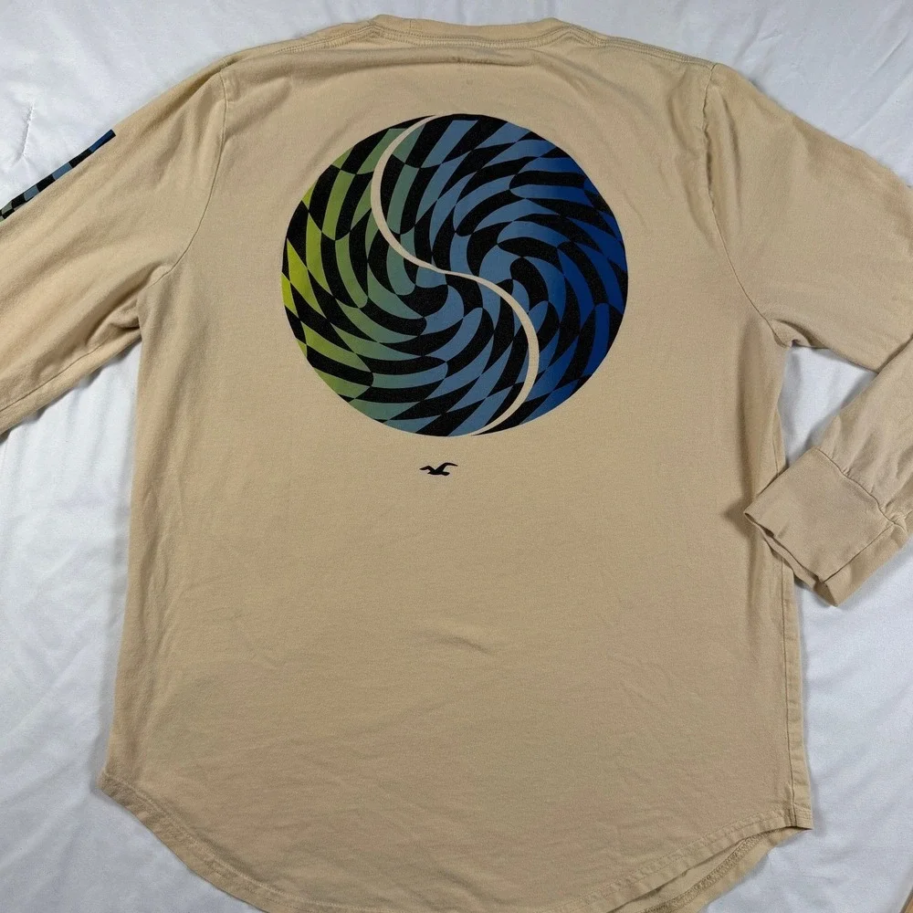 Hollister L Tan Long Sleeve Graphic Tee | Retro Spiral Logo Curved Hem Skater - Picture 7 of 9